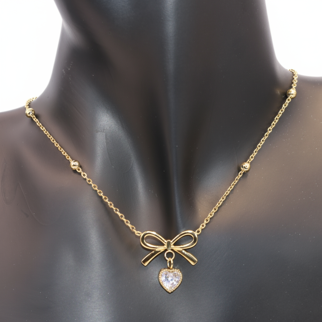 bow stone golden beaded necklace