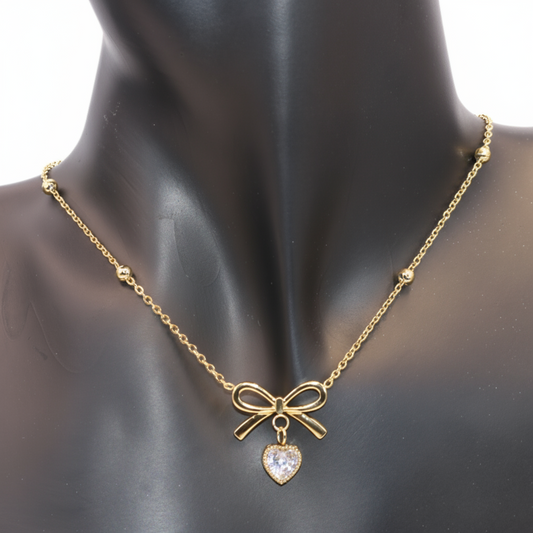 bow stone golden beaded necklace