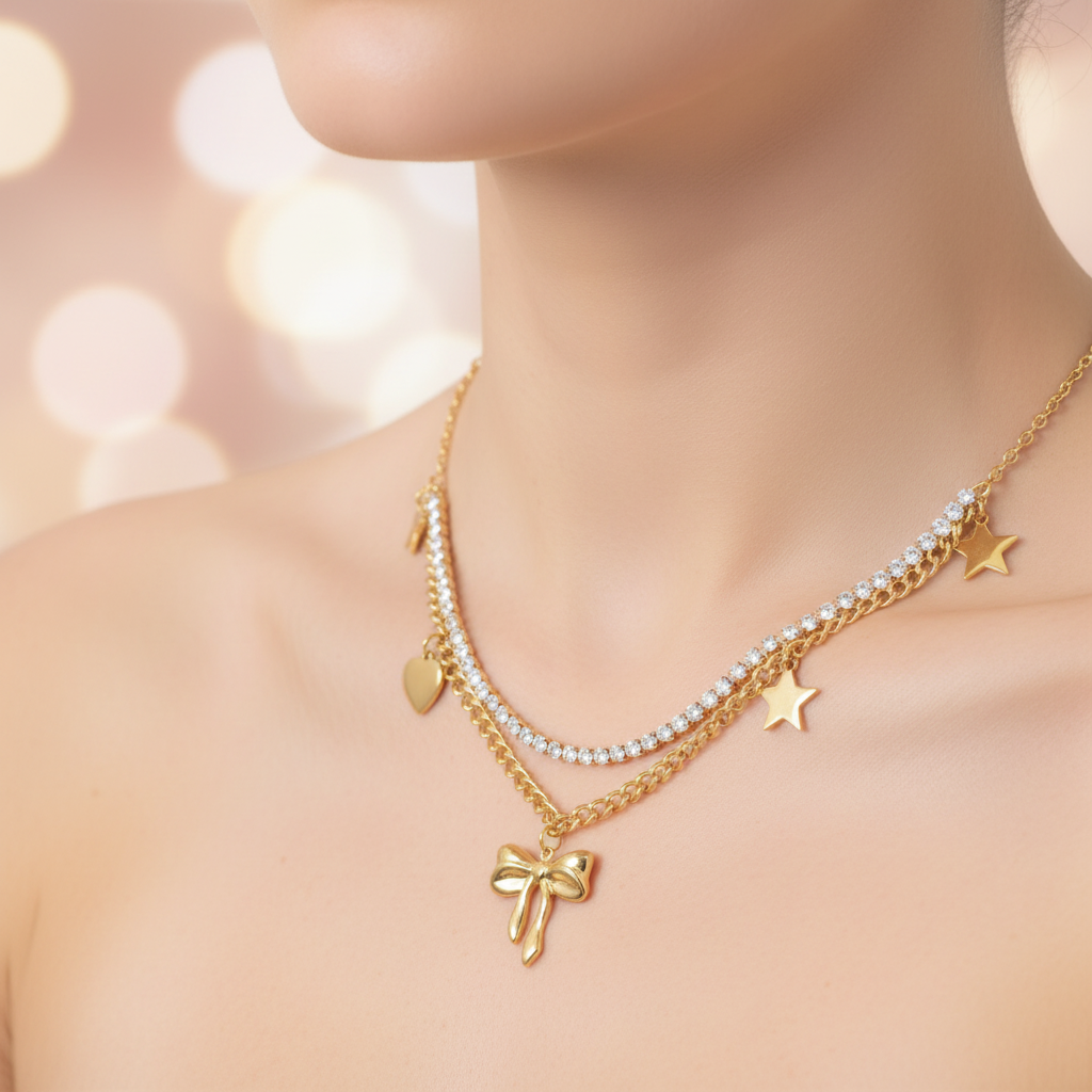 Double layer Gold necklace with bow pendant and heart charm