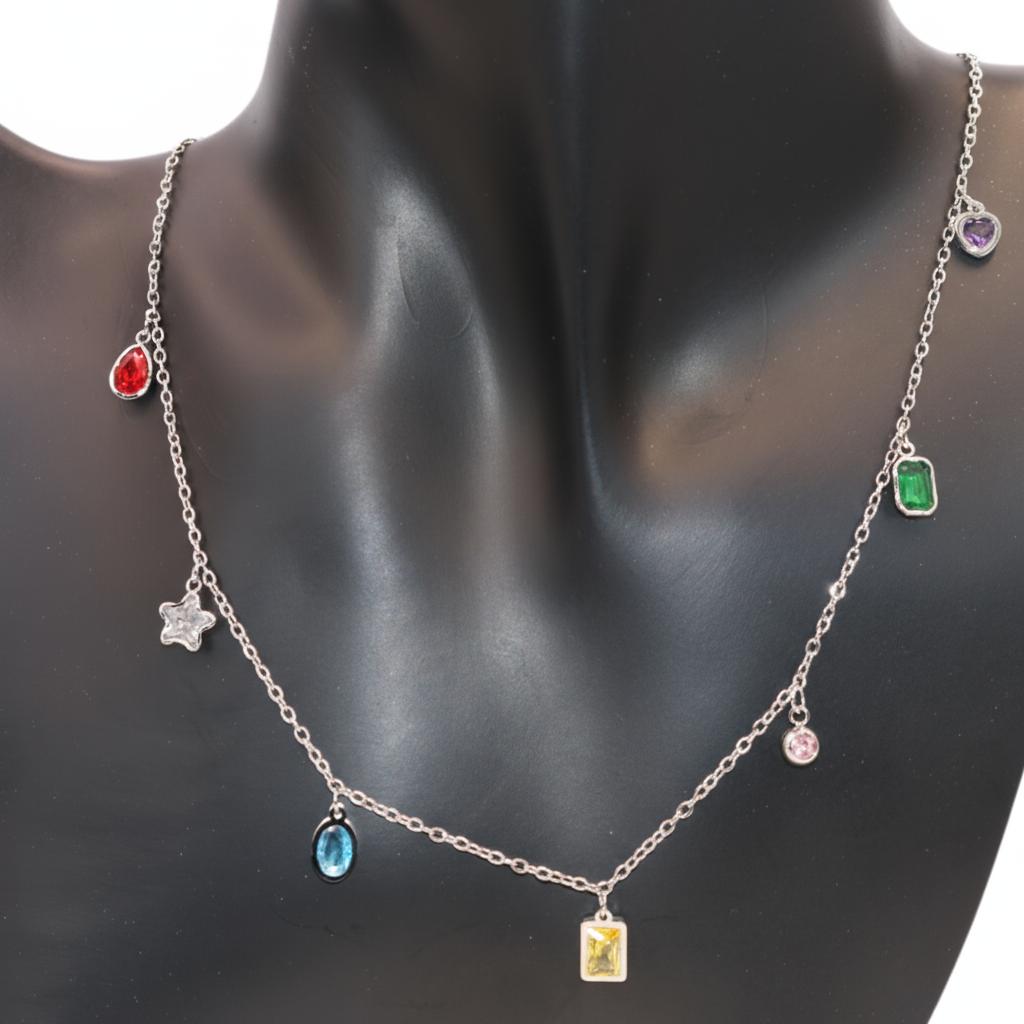 colourful stones with silver necklace