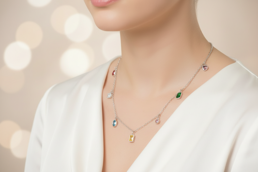 colourful stones with silver necklace