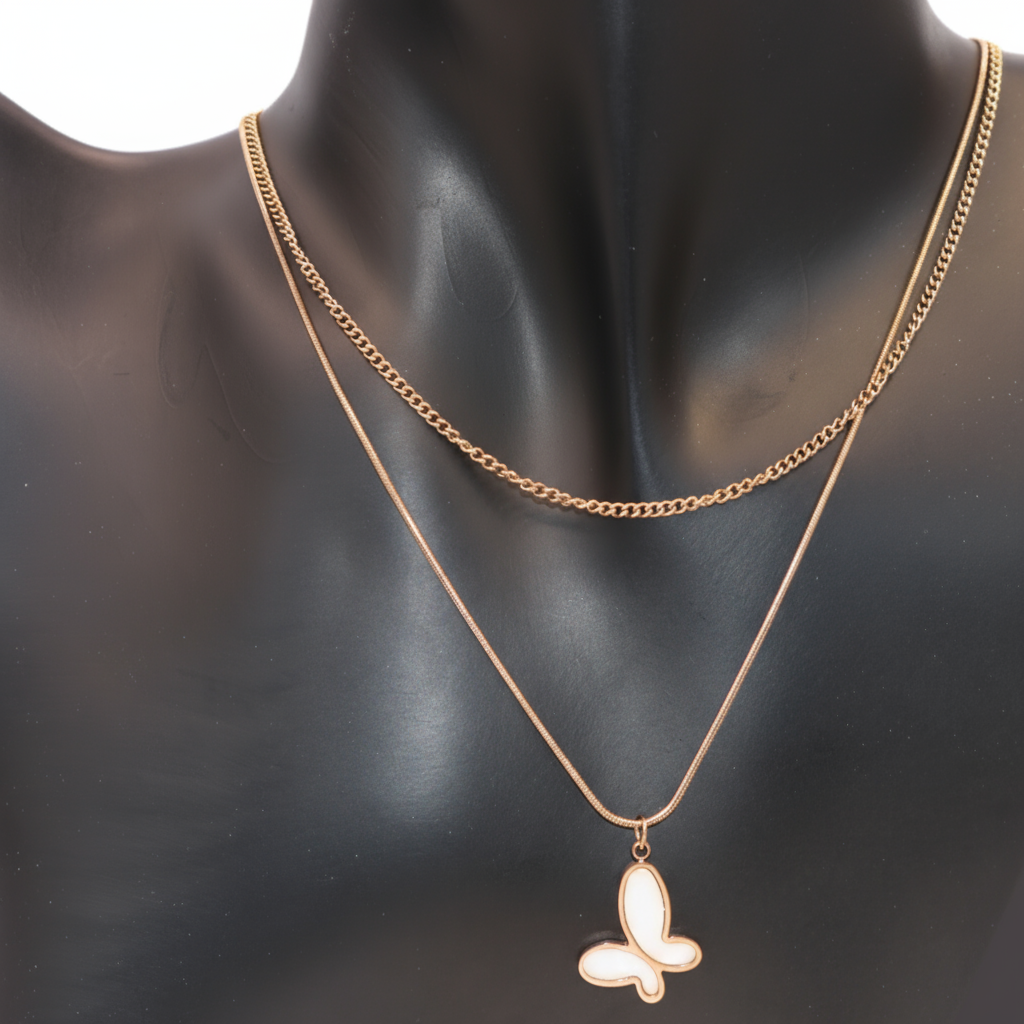 Double layer Gold necklace with a butterfly pendant