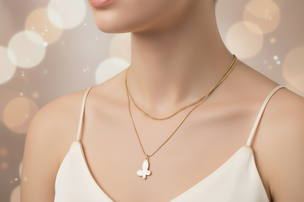 Double layer Gold necklace with a butterfly pendant