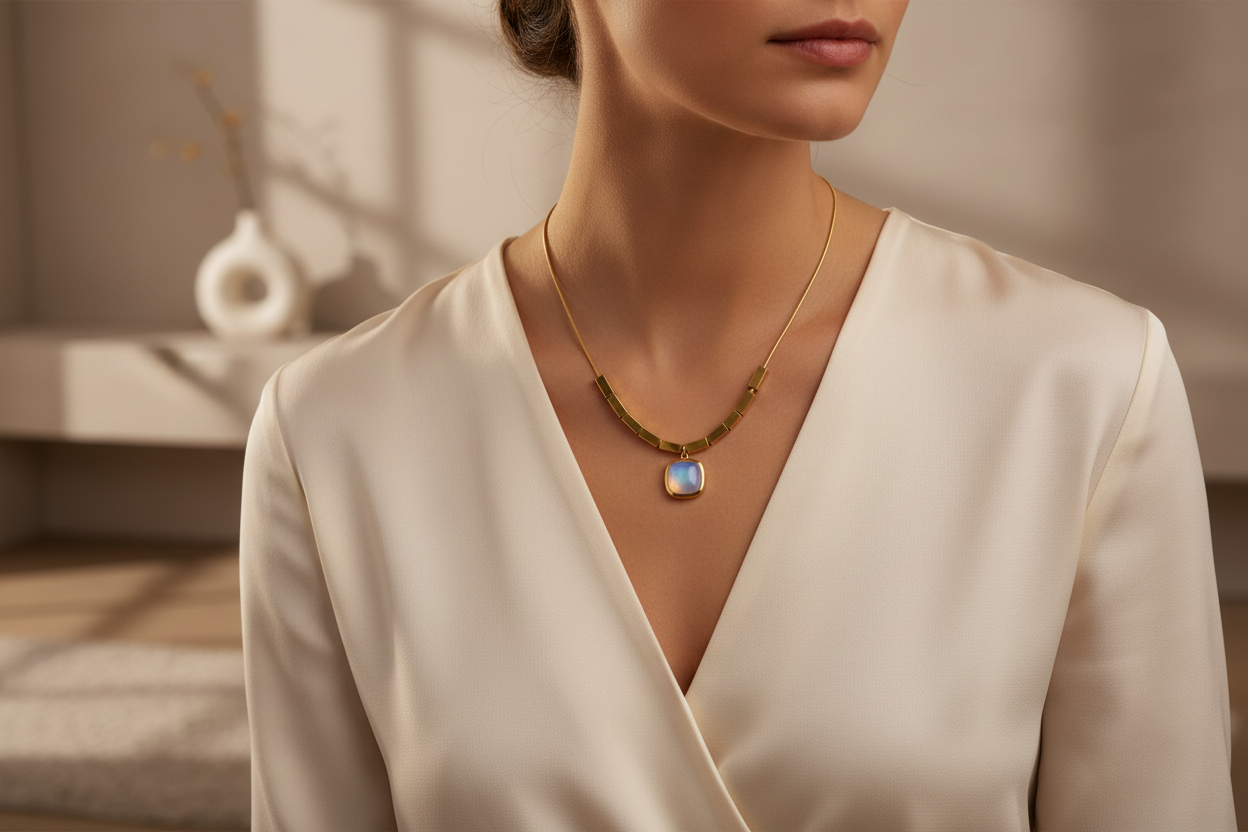 Gold necklace wit grey pendnat