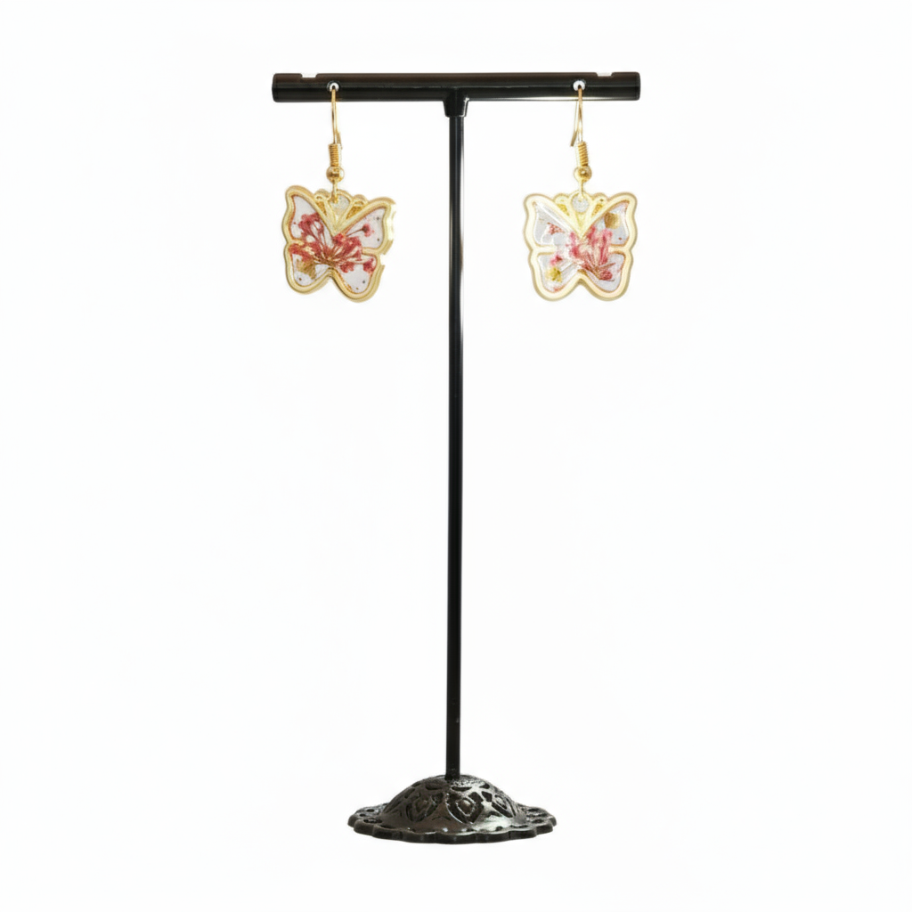 Light Pink Butterfly-shaped earrings with floral 