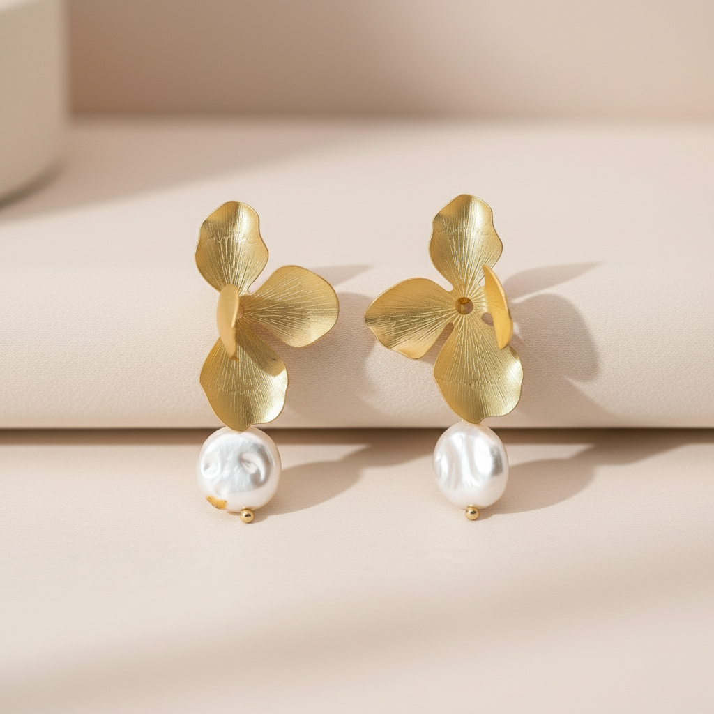 Gold butterfly earrings with white pearls 
