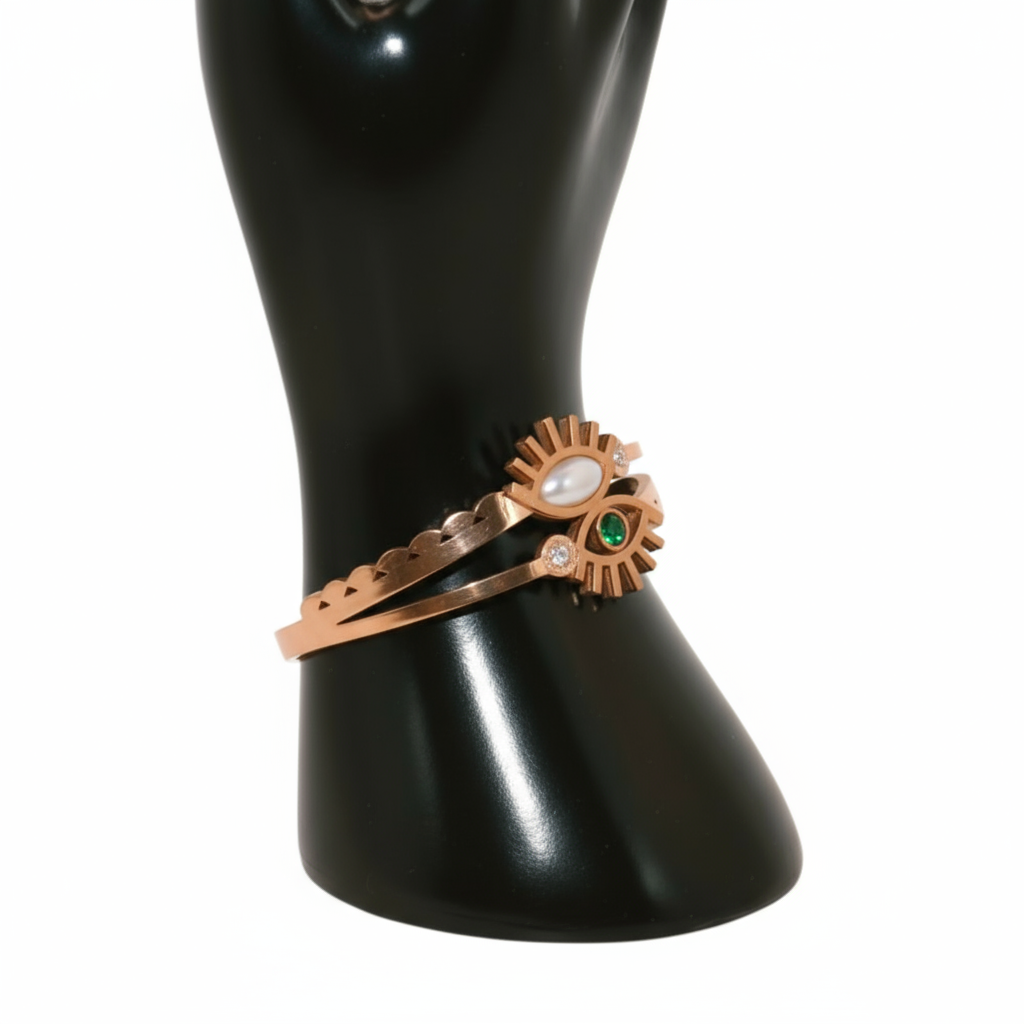 Rose Gold bronze bracelets with green stones oand eye design