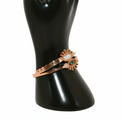 Rose Gold bronze bracelets with green stones oand eye design