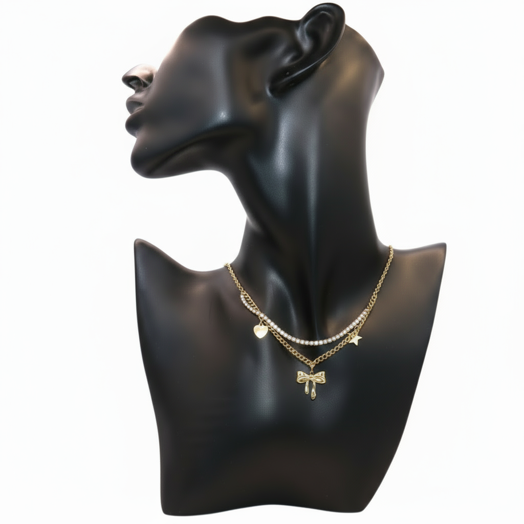 double layer gold necklace with bow