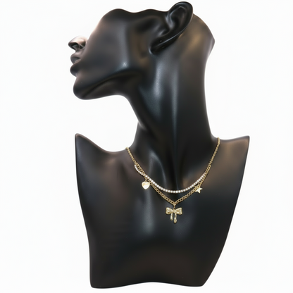 double layer gold necklace with bow