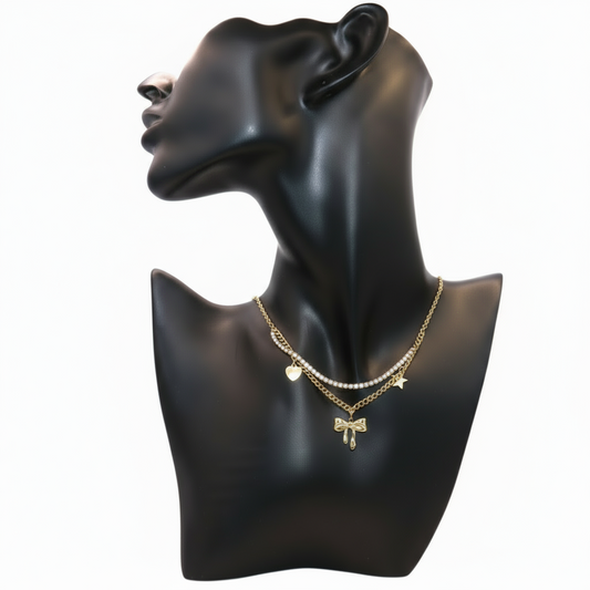double layer gold necklace with bow