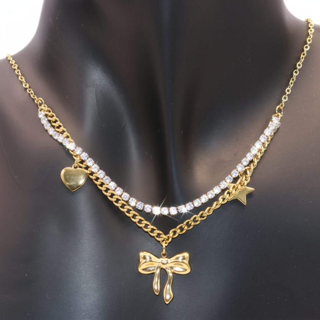 Double layer Gold necklace with bow pendant and heart charm 