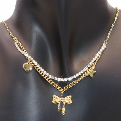 Double layer Gold necklace with bow pendant and heart charm 