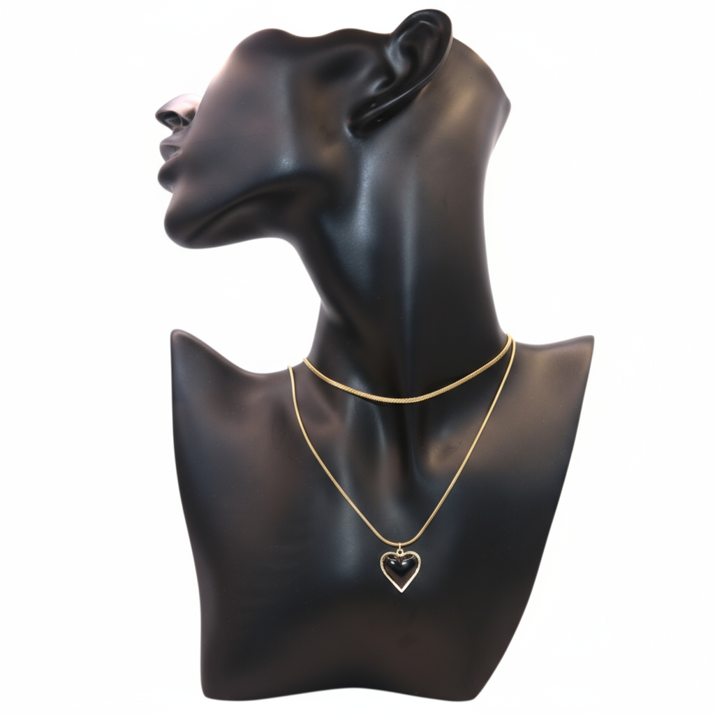Black Heart Pendant with double layer gold Chain