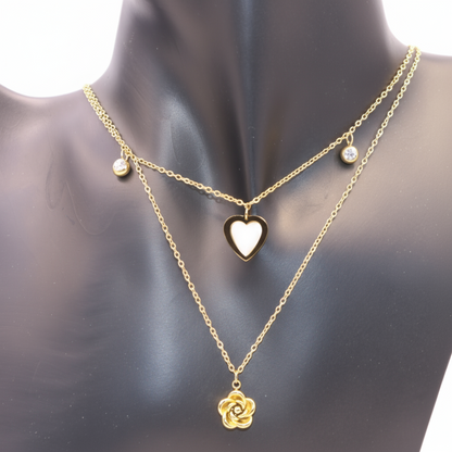 Double layer gold chain with heart and flower pendant