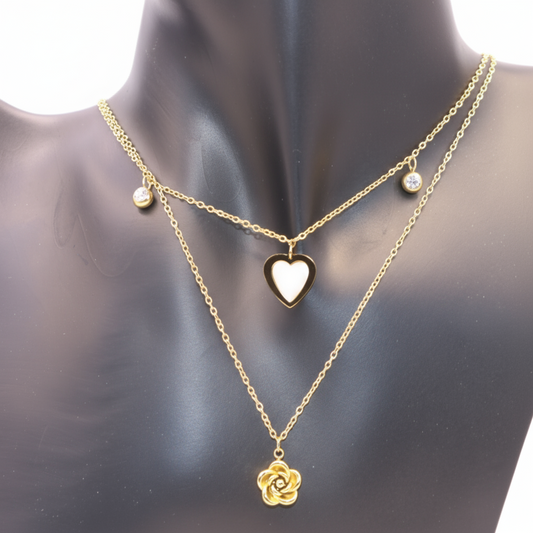 Double layer gold chain with heart and flower pendant