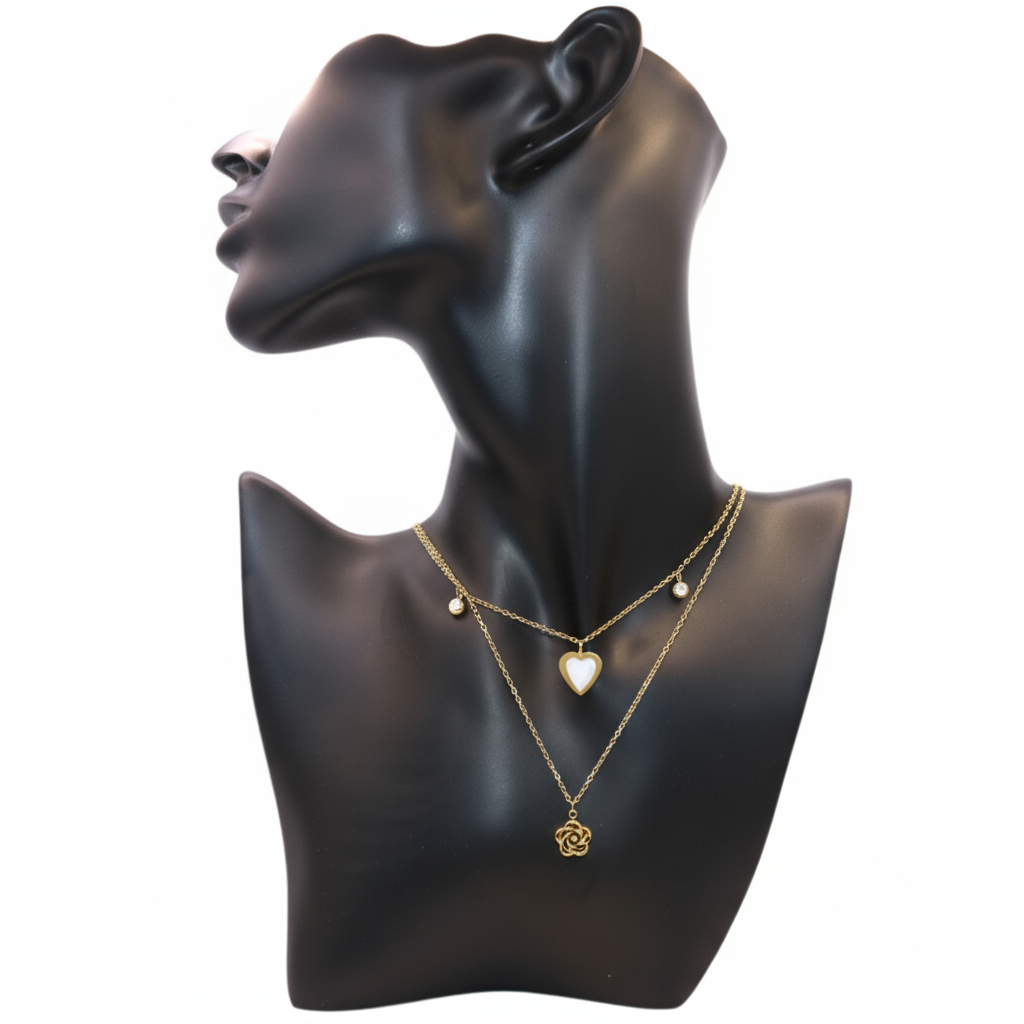 Double layer gold necklace with heart and flower pendant