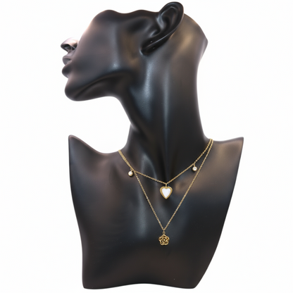 Double layer gold necklace with heart and flower pendant