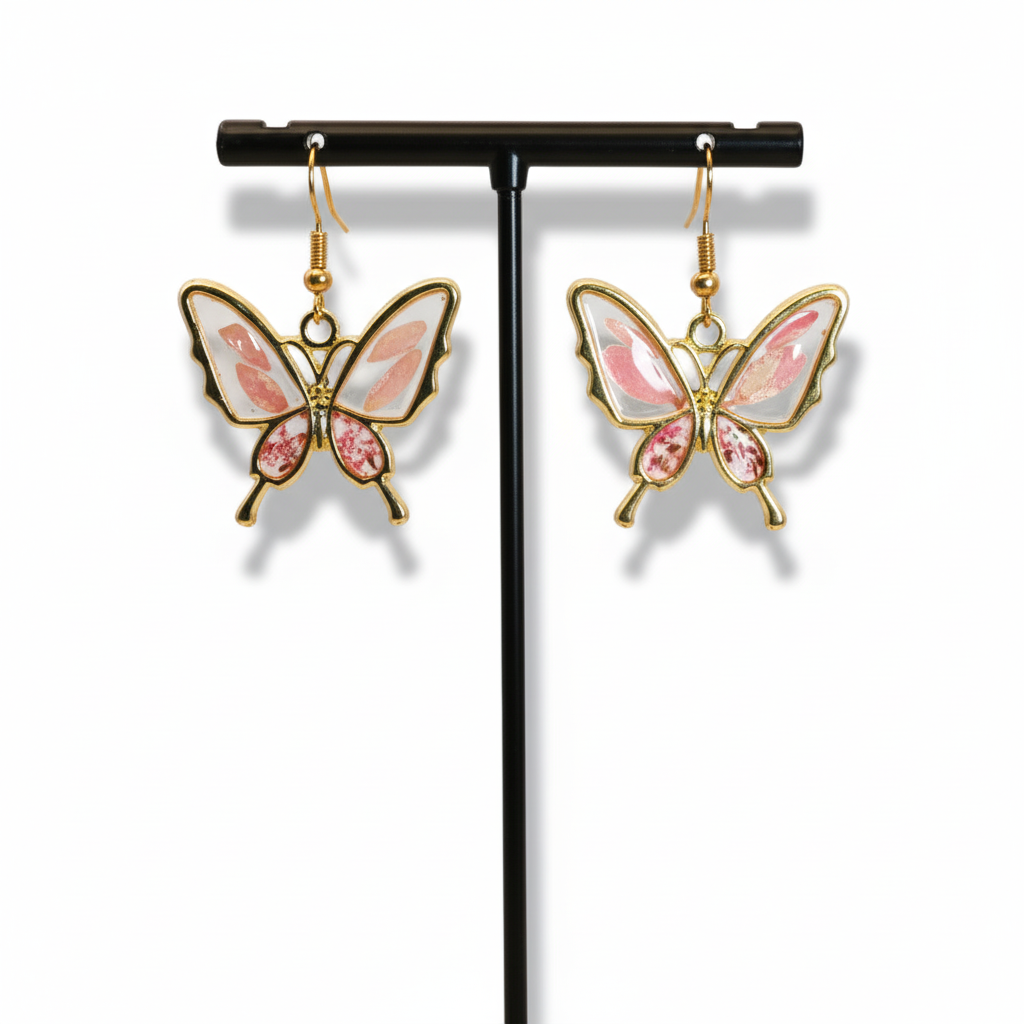 Peach Butterfly-shaped earrings with floral 