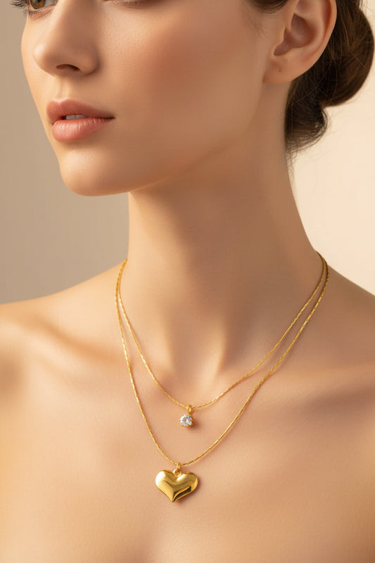 double layer necklace with heart and stone