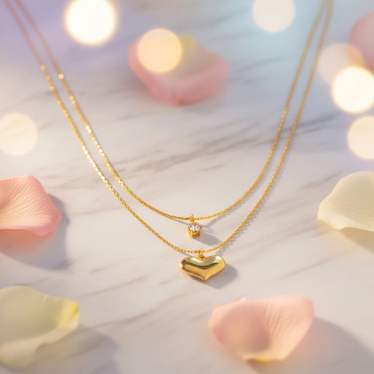 Gold double layer necklace with heart pendant 