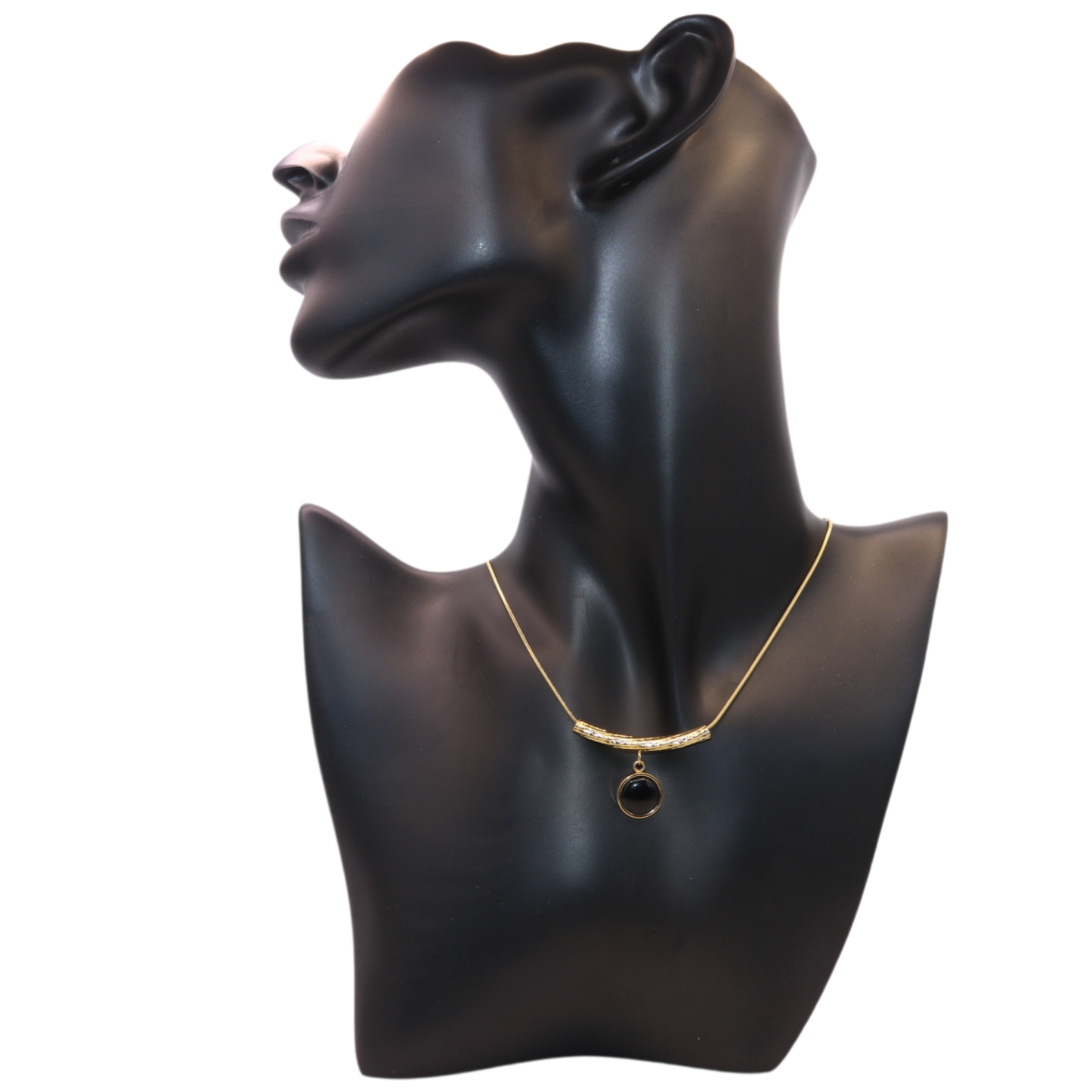 gold necklace with black pendant