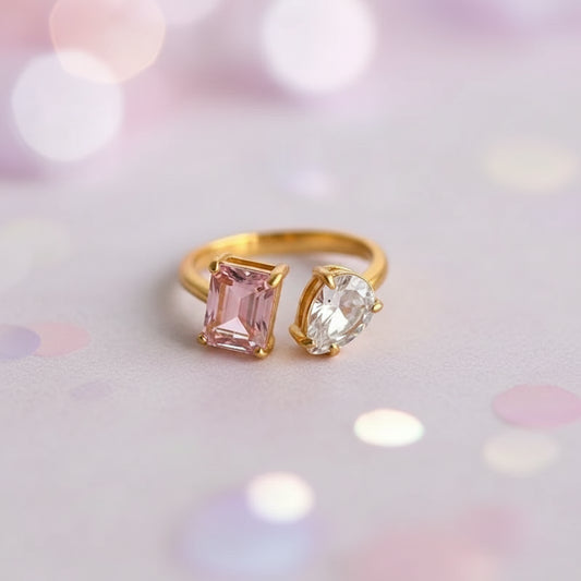 Gold ring with pink and clear gemstones 