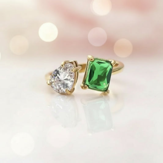 Gold clear and green emerald gemstone Ring